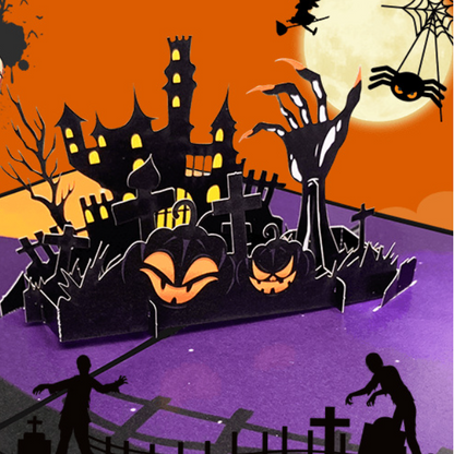 3D Halloween Greeting Card with Pumpkin and Haunted House