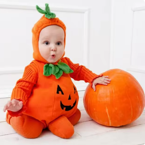 Baby Pumpkin Halloween Costume Set – Hooded Romper & Booties