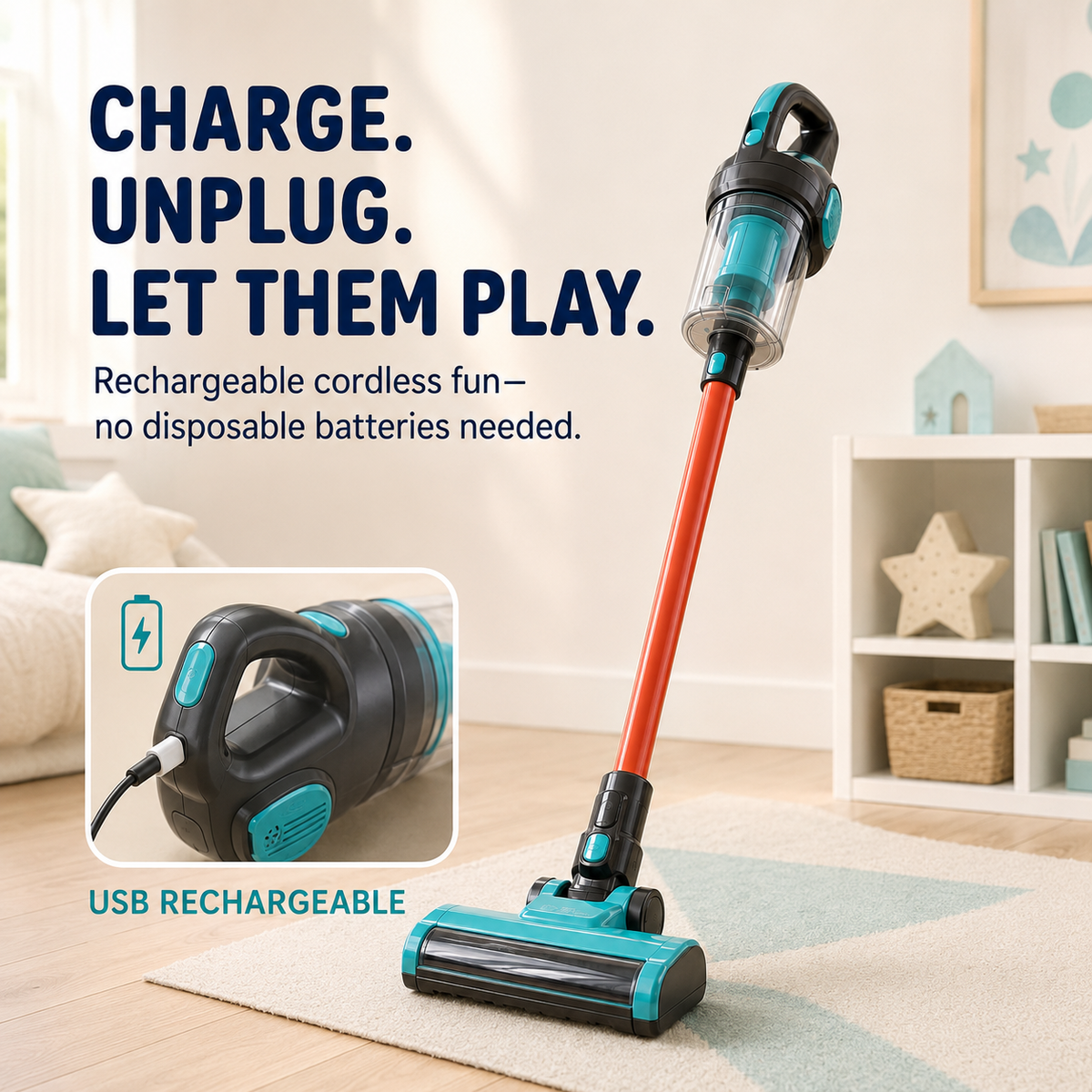 3-in-1 Kids’ Real-Pickup Vacuum – Rechargeable Pretend Cleaning Toy