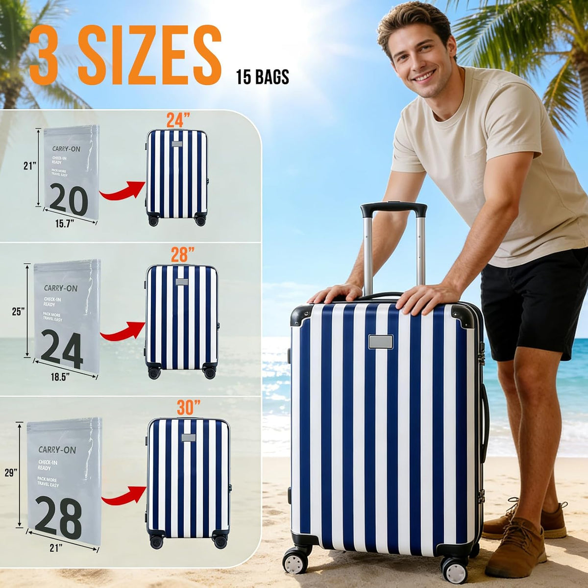 3 bag sizes for 24, 28 and 30 inch luggage