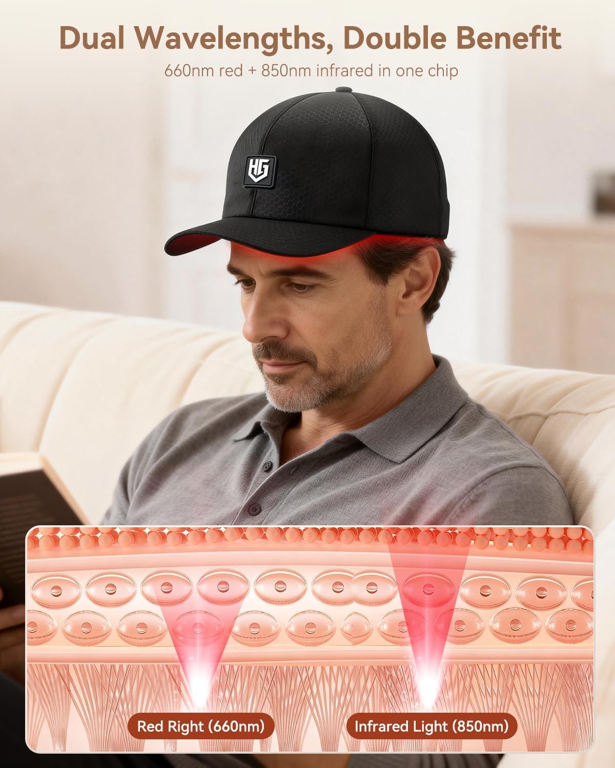 Cordless Red Light Therapy Cap – 660 nm Red & 850 nm Near-Infrared, Rechargeable 2000mAh - image 4