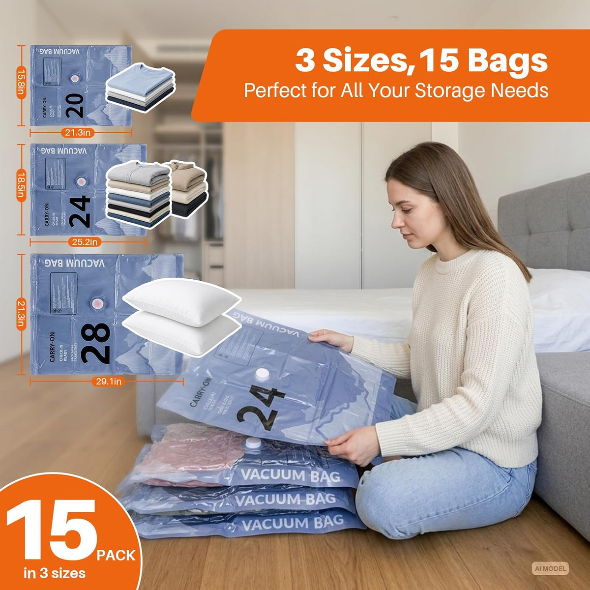 Woman packing clothes into vacuum compression bags