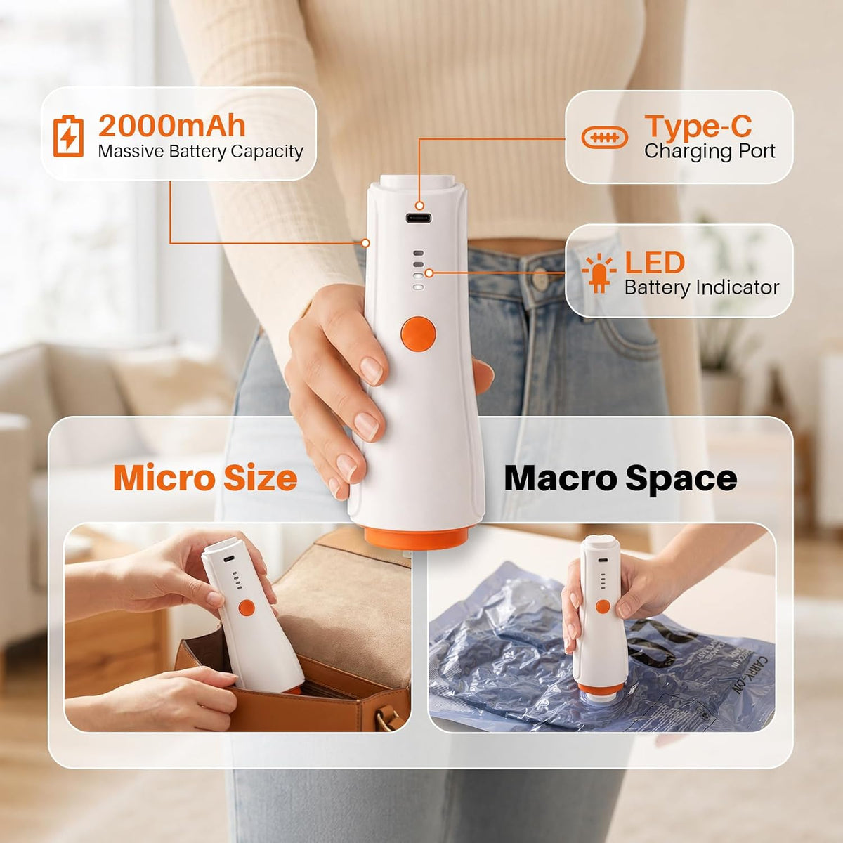 USB-C rechargeable cordless pump with LED battery indicator