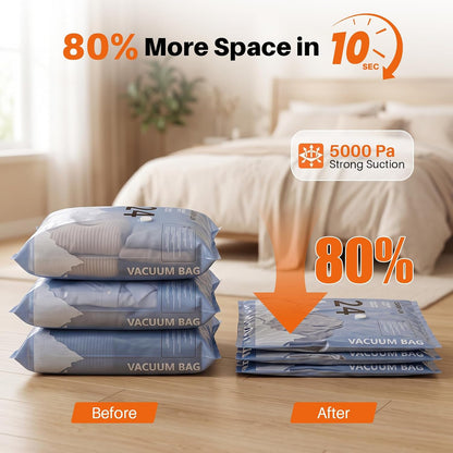 Before and after: vacuum bags save up to 80% space in 10 seconds