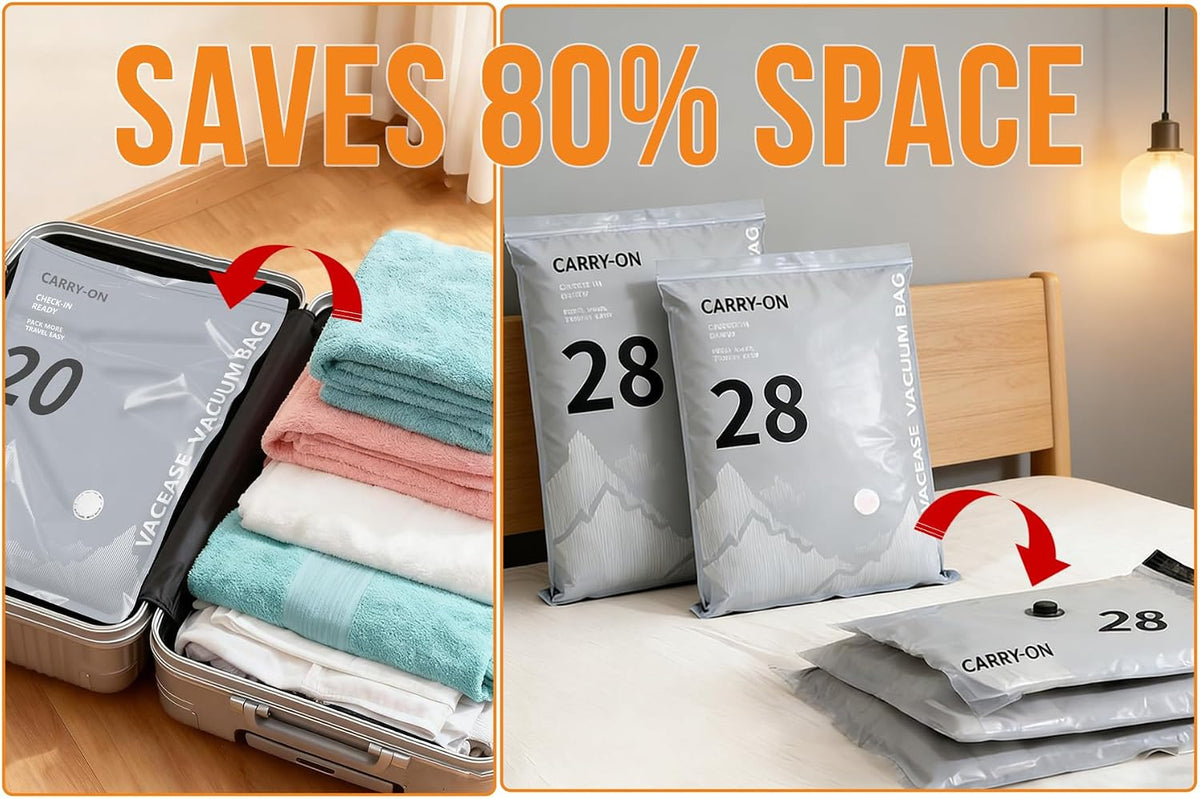 Vacuum bags saving space in a suitcase and on a bed