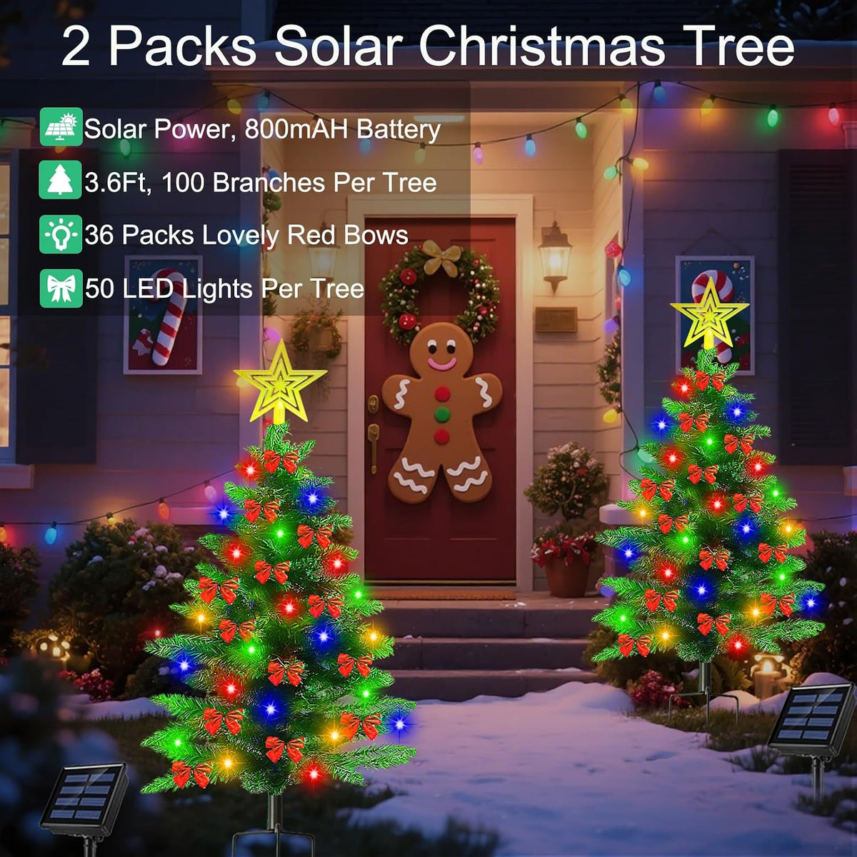 Solar Christmas tree features: 3.6 ft, 100 branches, 50 LEDs, solar powered
