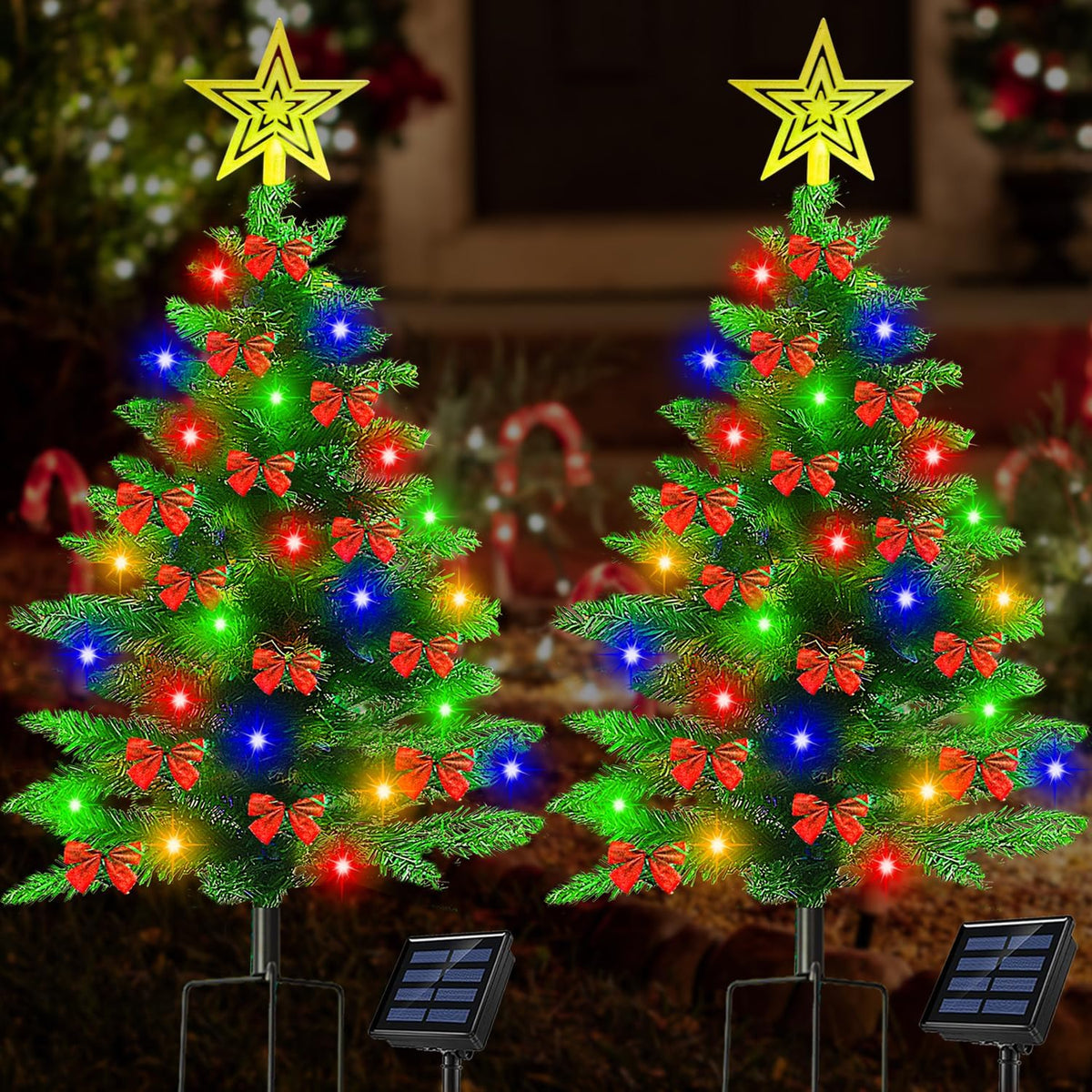 Two 3.6 ft solar Christmas pathway trees with red bows and multicolor lights