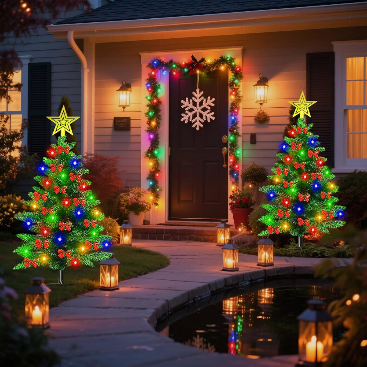 Solar Christmas trees lining a lit walkway