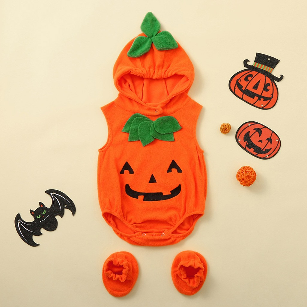 Baby Pumpkin Halloween Costume Set – Hooded Romper & Booties