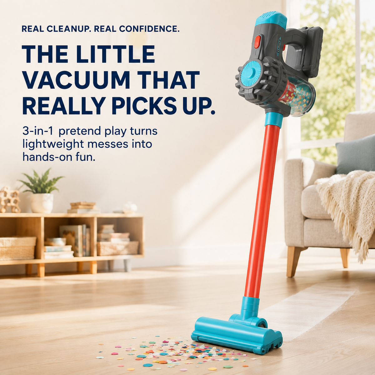 3-in-1 Kids’ Real-Pickup Vacuum – Rechargeable Pretend Cleaning Toy