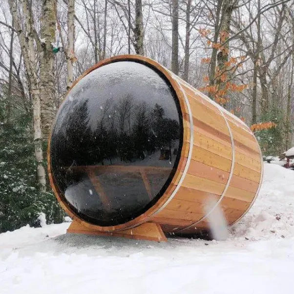 Outdoor Barrel Sauna – Canadian Red Cedar or White Pine, Wood-Burning or Electric Heater Options